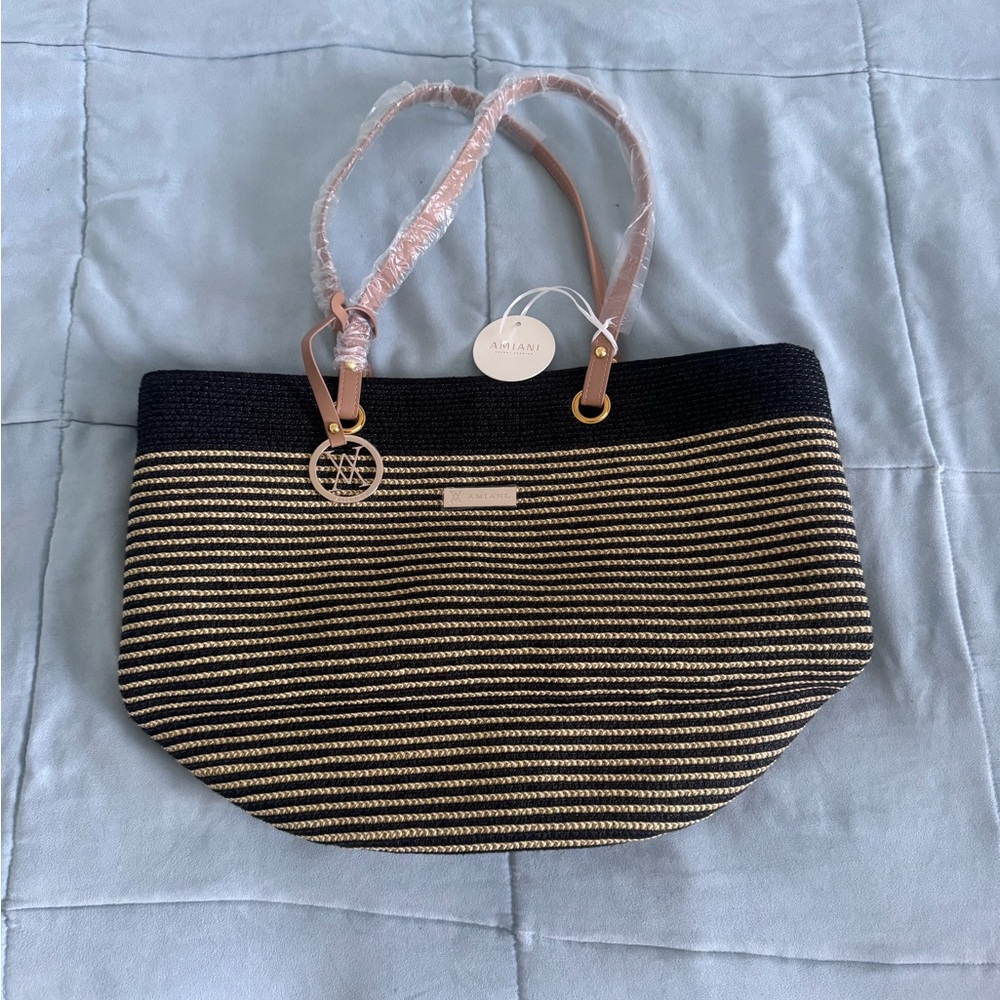 Amiani Black & Natural Striped Tote with Tan Handles